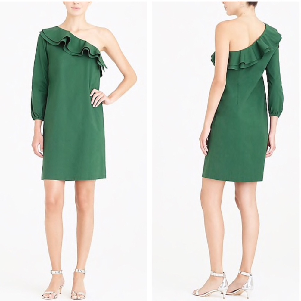 New J. Crew One Shoulder Poplin Cotton Dress Green Mini Asymmetrical Ruffle Sz 6